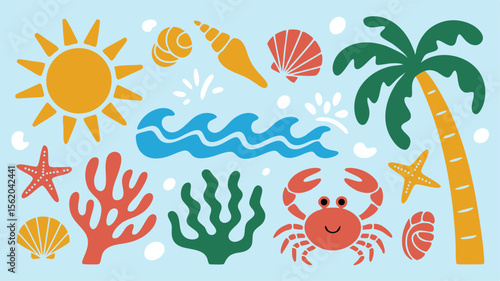 Bright and Cheerful Summer Themed Illustration with Sun, Palm Tree, Sea Life and Seaweed