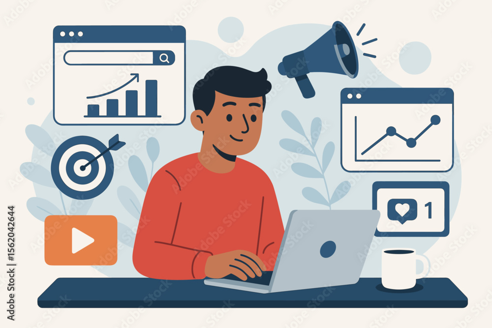 Digital marketing strategy concept. Man working on laptop managing social media, SEO optimization, and content creation. Business growth analytics, online advertising, and promotion. Digital marketing strategy concept. Man working on laptop managing social media, SEO optimization, and content creation. Business growth analytics, online advertising, and promotion.