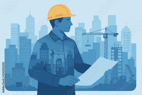 Construction engineer with blueprint. Double exposure silhouette with city development project. Architect vision concept with crane and buildings. Modern flat vector illustration.