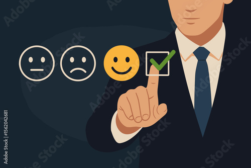 Businessman giving positive feedback. Customer satisfaction survey concept. Man touching check mark next to happy smile emoticon for excellent service rating and quality review.