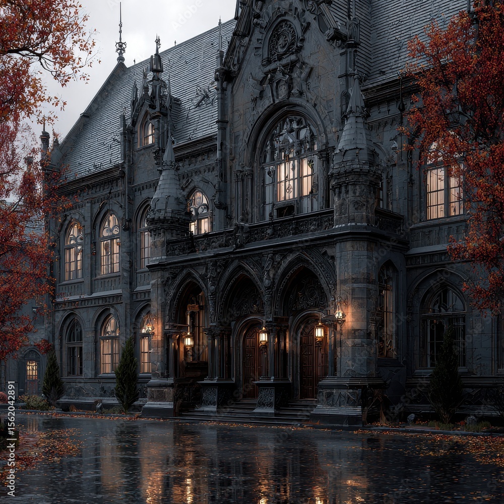 Fototapeta premium Grand gothic architecture shrouded in an atmospheric ambiance, illuminated by warm lights amid rain-slicked autumn leaves.