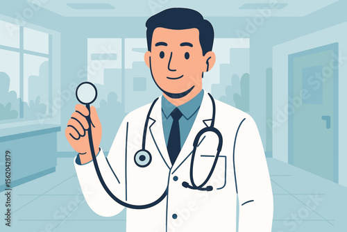 Professional doctor with stethoscope in hospital. Medical practitioner in white coat. Healthcare worker, physician, general practitioner, clinic interior. Modern flat cartoon vector illustration