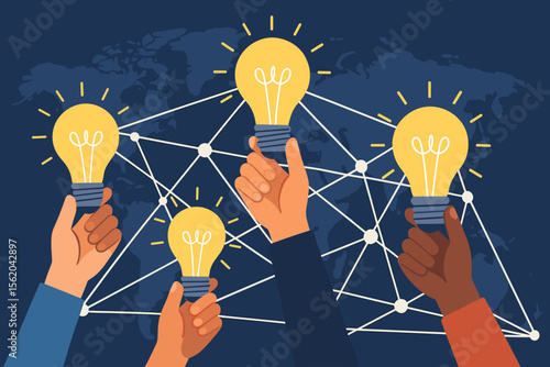 Diverse hands holding glowing light bulbs symbolizing innovation, creativity, teamwork, and global network connectivity. Concept for idea sharing, collaboration, and international inspiration vector