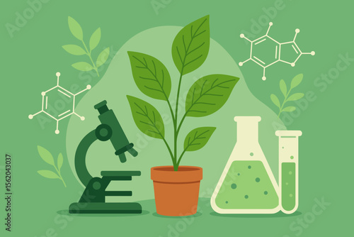 Botany and biotechnology science vector concept. Laboratory research with green plant, microscope, chemical flask and test tube. Biology experiment, organic chemistry and ecology background.