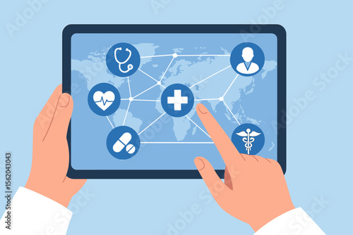 Global healthcare network connection on digital tablet. Telemedicine technology, online medical consultation, worldwide health data sharing, remote doctor access. Modern vector illustration