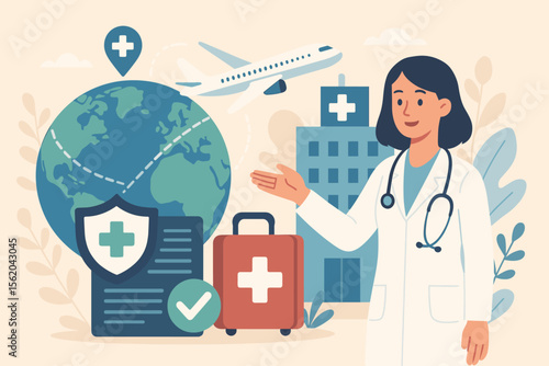 Medical tourism and health travel insurance concept. International healthcare, global hospital network, doctor, medical suitcase, stethoscope, airplane, safety shield. Modern vector illustration