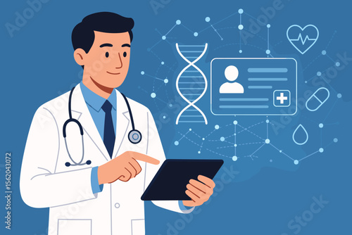 Medical doctor using digital tablet for electronic health records, DNA analysis, digital healthcare, medical data network, modern virtual screen interface, telemedicine technology concept