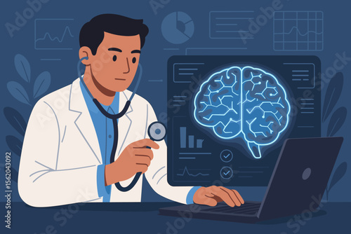 Medical doctor analyzing brain scan results on laptop with stethoscope, neuroscience research, virtual interface, neurology diagnosis, digital healthcare technology, patient test data
