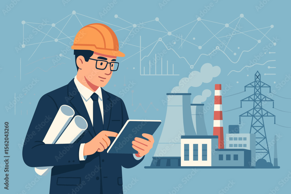 Industrial engineer in hard hat analyzing power plant project data with digital tablet, holding blueprints, network technology background, energy engineering, electricity generation concept Industrial engineer in hard hat analyzing power plant project data with digital tablet, holding blueprints, network technology background, energy engineering, electricity generation concept
