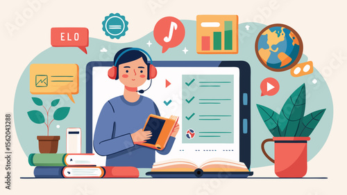 A man is sitting at a desk with a tablet and a book. He is wearing headphones and smiling. The desk is cluttered with books, a potted plant, a cup, and a pen