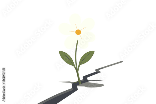 Resilient white flower growing through cracked street, symbol of hope, perseverance, overcoming adversity, minimal flat vector illustration, nature strength, blank background for inspirational concept