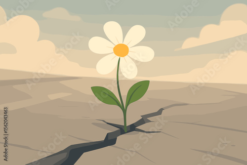 Resilient white daisy flower growing through cracked dry street, symbol of hope, perseverance, survival, overcoming adversity, nature urban contrast, modern flat vector cartoon illustration