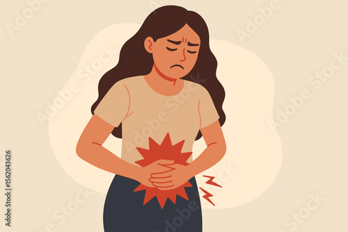Woman Holding Stomach in Pain Suffering from Stomachache, Menstrual Cramps, Gastric Ulcer, Appendicitis, Gastrointestinal Disease, Abdominal Pain, Healthcare, Medical Concept Illustration