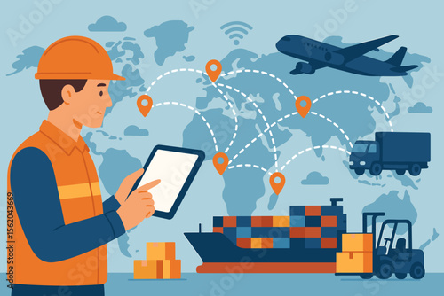 Logistics worker using tablet for global supply chain management, smart transportation, cargo ship, truck, forklift, import export, online goods order tracking, distribution network, world map