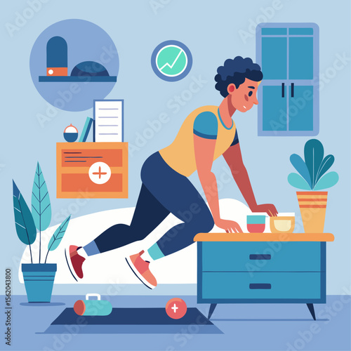 A man is running on a bed in a room with a clock on the wall. The room has a potted plant and a few books