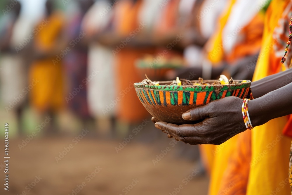 Fototapeta premium A group of people are holding a bowl with a green and orange design