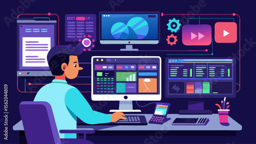 A man is sitting at a desk with a computer monitor and keyboard in front of him. He is working on a computer