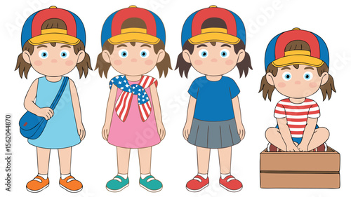 Four Cute Cartoon Girls with Baseball Caps, Dresses, and Varying Poses Isolated