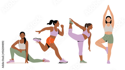 Four Women Exercising Running, Stretching, Yoga Poses, Fitness Training, and Healthy Lifestyle