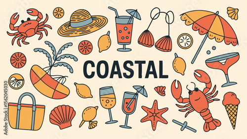 Fun Coastal Doodle Art Featuring Beach Elements, Summer Drinks, Sea Animals, and Accessories