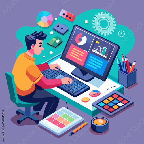 A man is sitting at a desk with a computer monitor and keyboard in front of him. He is working on a project, possibly related to graphic design or computer programming