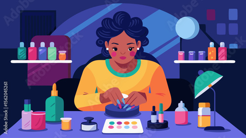 A woman is sitting at a table with a bottle of nail polish and a bottle of nail polish remover