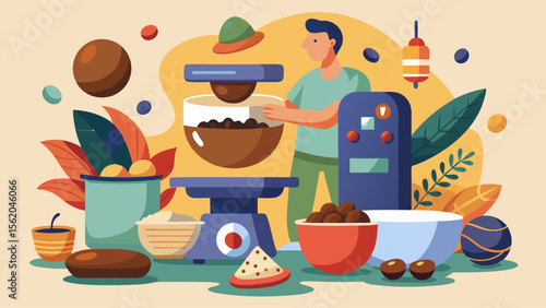 A man is making food in a kitchen with a variety of ingredients and utensils. The scene is colorful and lively, with a sense of creativity and fun. The man is enjoying himself as he prepares the food