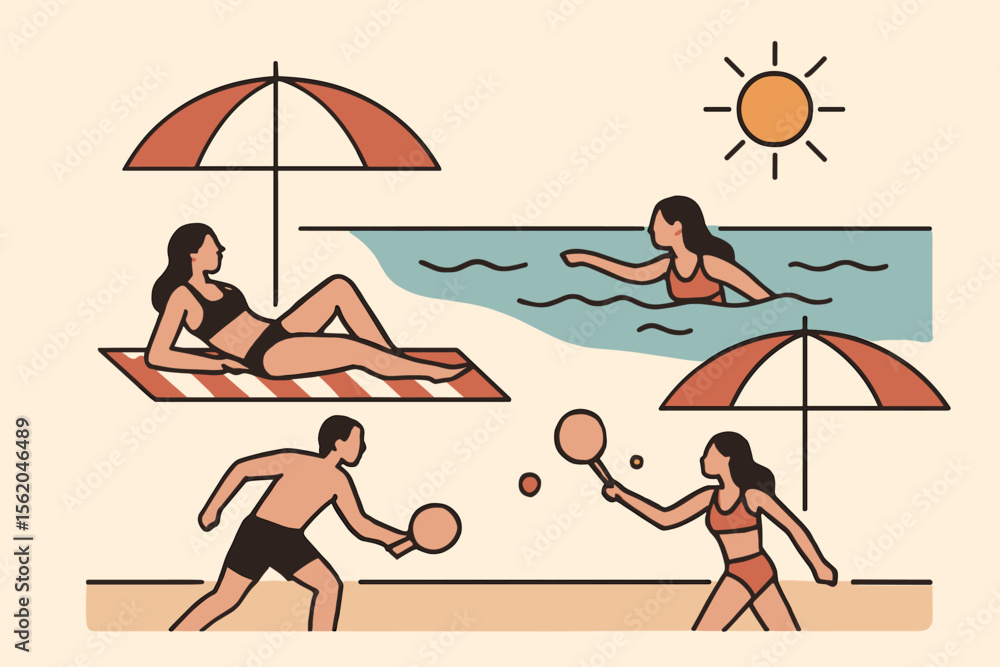 Obraz premium Summer Fun: Beachgoers Enjoying Sunbathing, Swimming, and Paddleball Games.