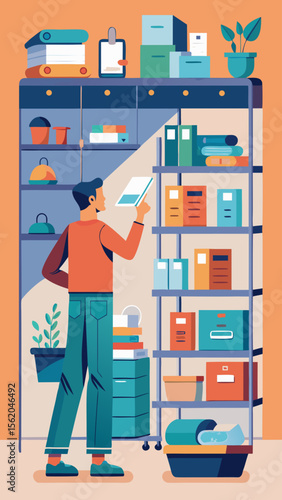 A woman is standing on a ladder in front of a bookshelf. She is looking at a tablet. The bookshelf is full of books and other items