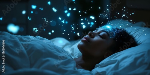 African American woman experiencing neural decoding of dreams while sleeping on the bed at night. Concept of dream analysis and neuroscience.