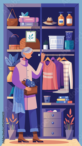 A woman is in a room with a lot of clothes and a plant. She is looking at her clothes and holding a purse