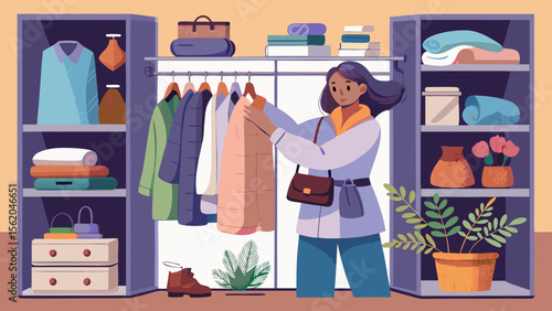 A woman is in a room with a lot of clothes and a plant. She is looking at her clothes and holding a purse