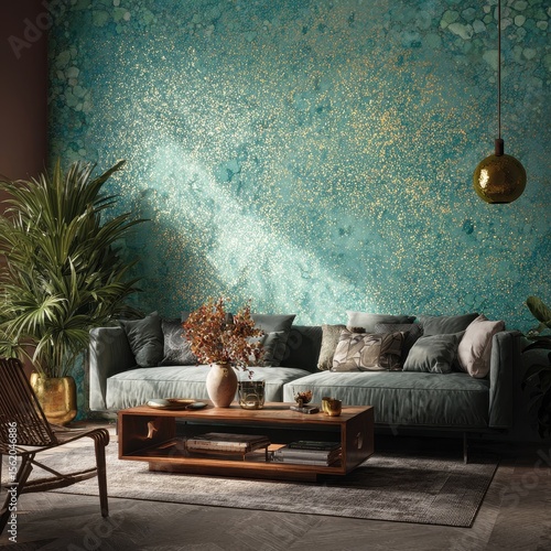 Inviting interior featuring a plush sofa, wooden accents, a vibrant textured wall, and lush greenery for a cozy and stylish living space.