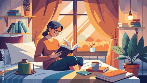 A woman is reading a book in a bedroom. The room is decorated with bookshelves and a potted plant