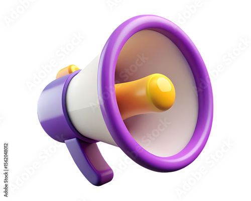 Stylized 3d megaphone icon with purple and yellow accents isolated on transparent background