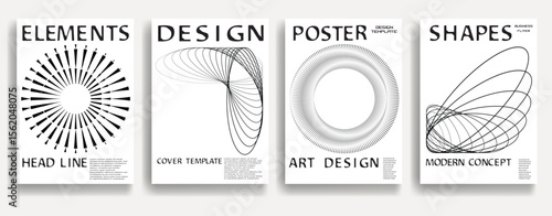 Modern posters . Vector design composition with various geometric shapes . Abstract contemporary art . Vector art ideal for media, ads, covers, brochures, banners. Black and white.
