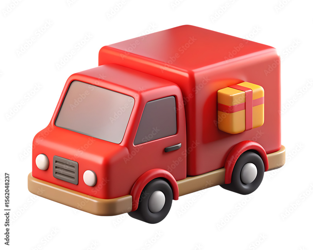 Cute red delivery truck with a gift box isolated on transparent background Cute red delivery truck with a gift box isolated on transparent background