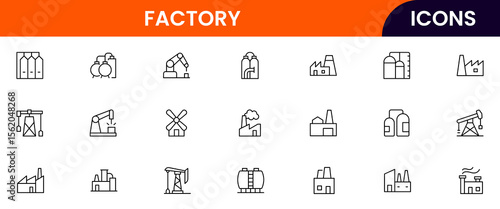 Factory vector web line icon collection, sleek illustrations of machinery, EV production, automation, and industrial tools for manufacturing designs.