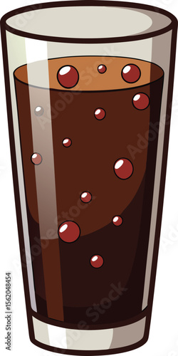 Refreshing glass of dark cola with fizzy bubbles and ice
