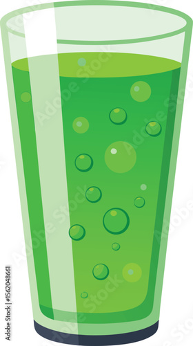 Refreshing green fizzy drink in a tall glass with bubbles