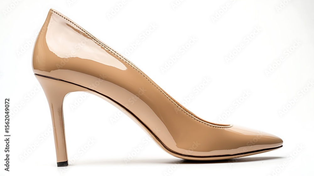 Stylish Beige Patent Leather Pointed Toe High Heel Shoe on White Background Stylish Beige Patent Leather Pointed Toe High Heel Shoe on White Background