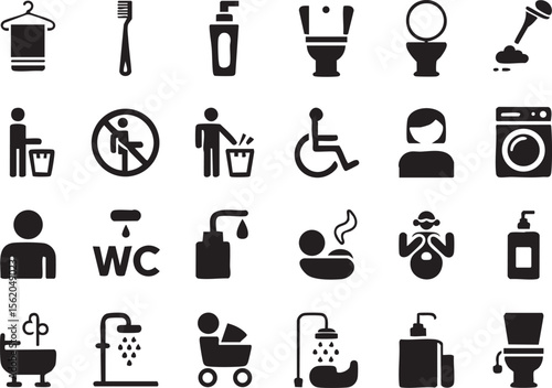 Collection of black and white icons representing bathroom and hygiene related items and activities
