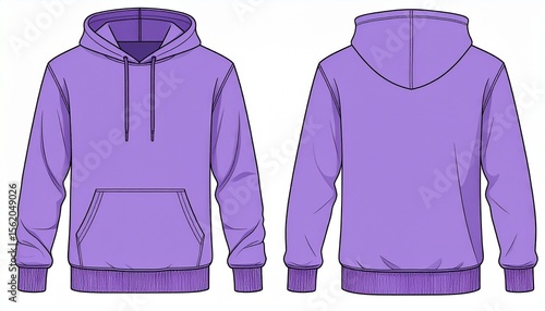 Purple Hoodie Mockup for Product Design - T-shirt Template for Logo Placement and Branding - Technical Outline for Hooded Vest for Apparel and Merchandise - Print File for Front and Back - Clothing