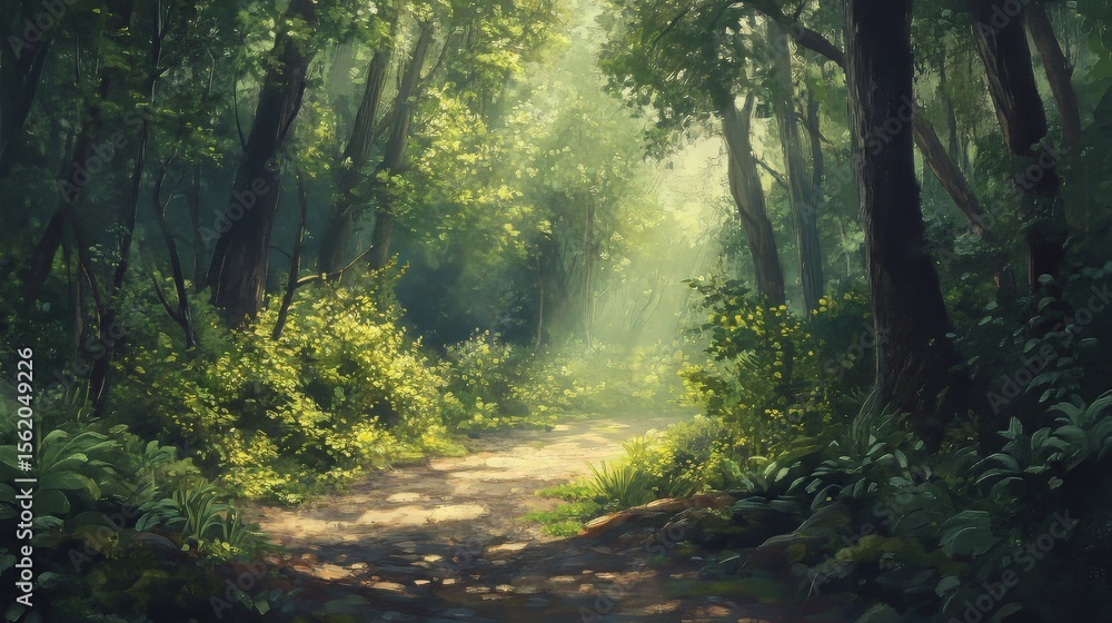 Obraz premium Path through a sunlit forest surrounded by lush greenery
