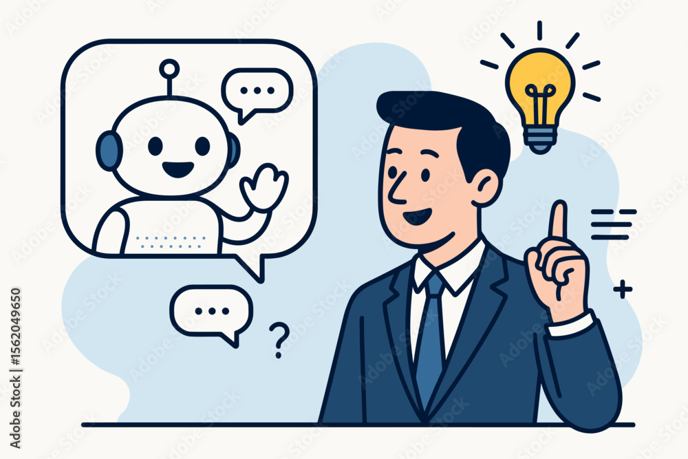 Businessman communicates with AI chatbot for a smart solution idea. Virtual assistant robot answers questions, providing customer support. Modern technology flat cartoon vector illustration. Businessman communicates with AI chatbot for a smart solution idea. Virtual assistant robot answers questions, providing customer support. Modern technology flat cartoon vector illustration.