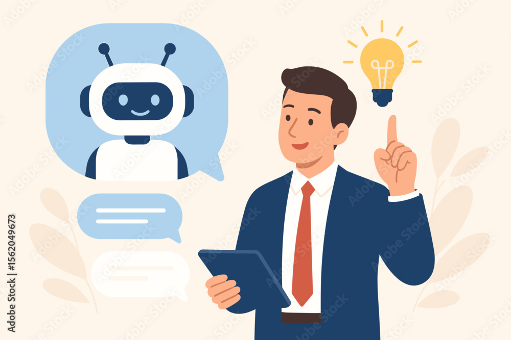 Businessman interacting with AI chatbot, digital communication, smart solution idea, modern flat vector illustration, technology innovation, artificial intelligence concept, business technology Businessman interacting with AI chatbot, digital communication, smart solution idea, modern flat vector illustration, technology innovation, artificial intelligence concept, business technology