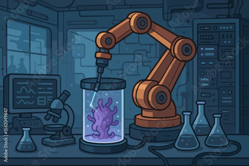 Robotic arm in a futuristic science lab experimenting on a mysterious alien organism. Concept for research, biotechnology, automation, genetics, and scientific discovery. Vector.