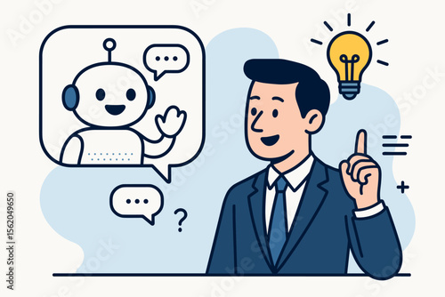 Businessman communicates with AI chatbot for a smart solution idea. Virtual assistant robot answers questions, providing customer support. Modern technology flat cartoon vector illustration.