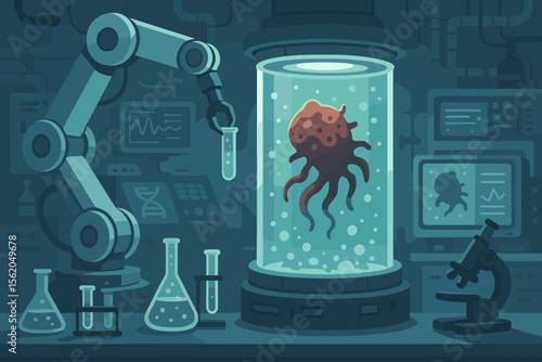 Advanced science lab with robotic arm conducting experiments. Futuristic biotechnology research concept with alien specimen in stasis pod. Vector cartoon illustration of biology.