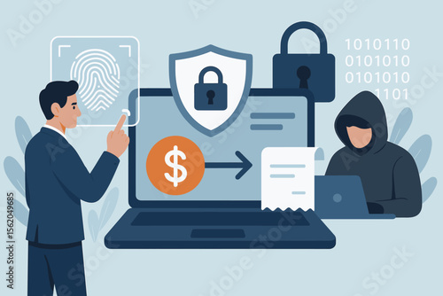 Biometric identification and cybersecurity concept. Man uses fingerprint scanner for secure online payment. Digital business transaction protection from cyber attack, hacker and fraud.